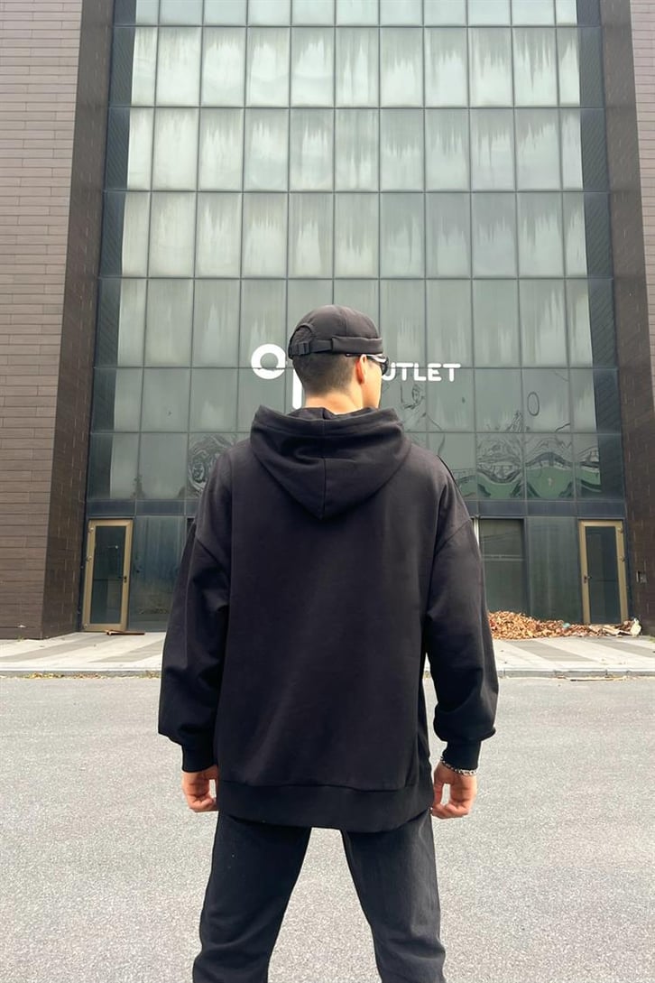 Dragon Baskılı Siyah İçi Pamuklu Oversize Hoodie