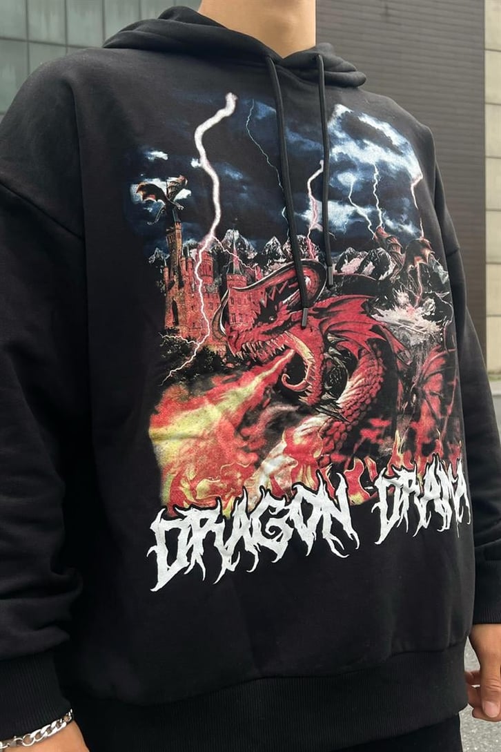 Dragon Baskılı Siyah İçi Pamuklu Oversize Hoodie