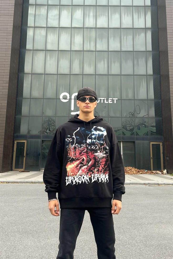 Dragon Baskılı Siyah İçi Pamuklu Oversize Hoodie
