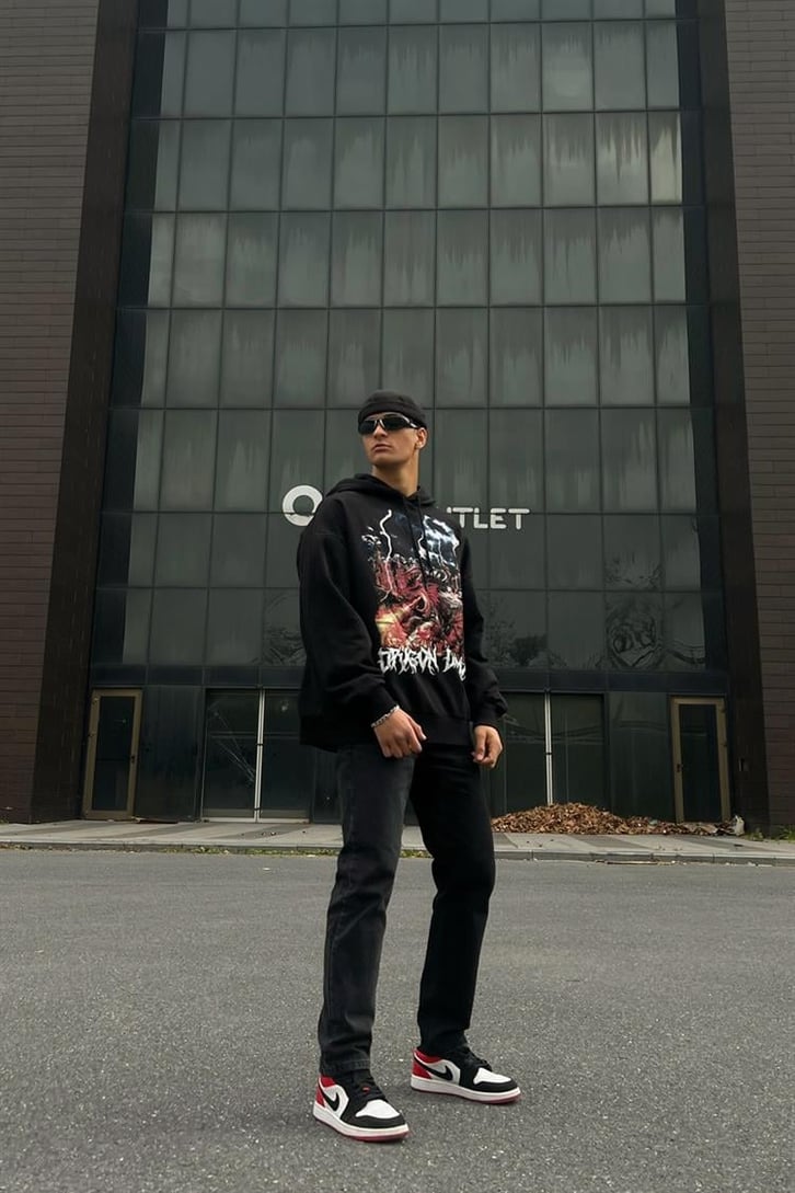 Dragon Baskılı Siyah İçi Pamuklu Oversize Hoodie