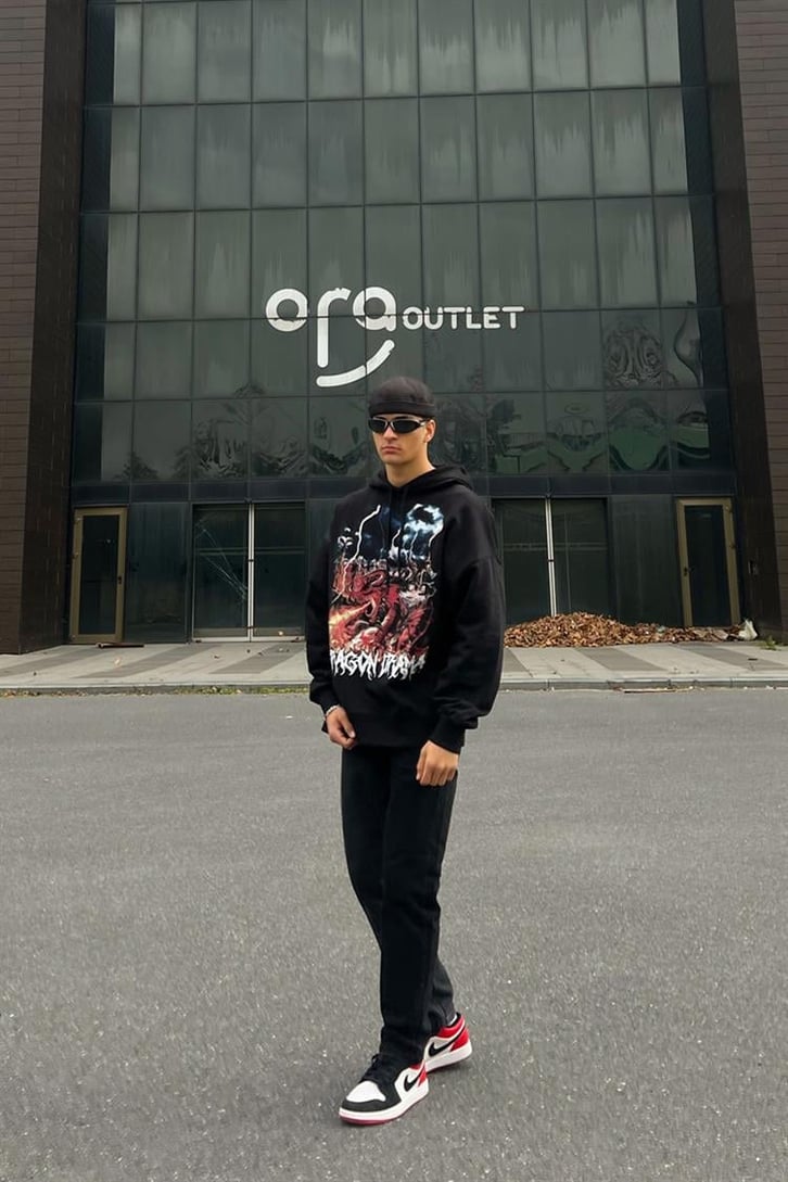 Dragon Baskılı Siyah İçi Pamuklu Oversize Hoodie