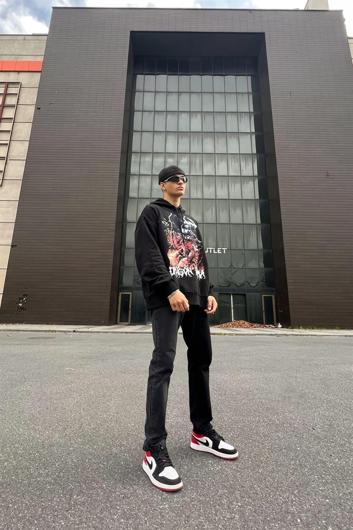 Dragon Baskılı Siyah İçi Pamuklu Oversize Hoodie