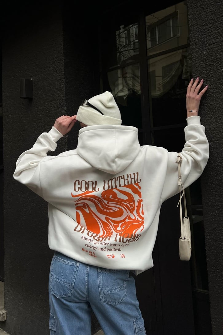 Dream Areas Baskılı Beyaz Oversize Hoodie