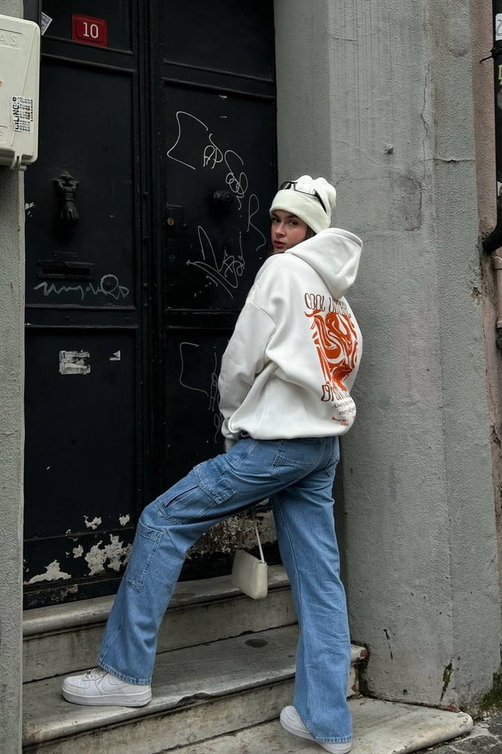 Dream Areas Baskılı Beyaz Oversize Hoodie