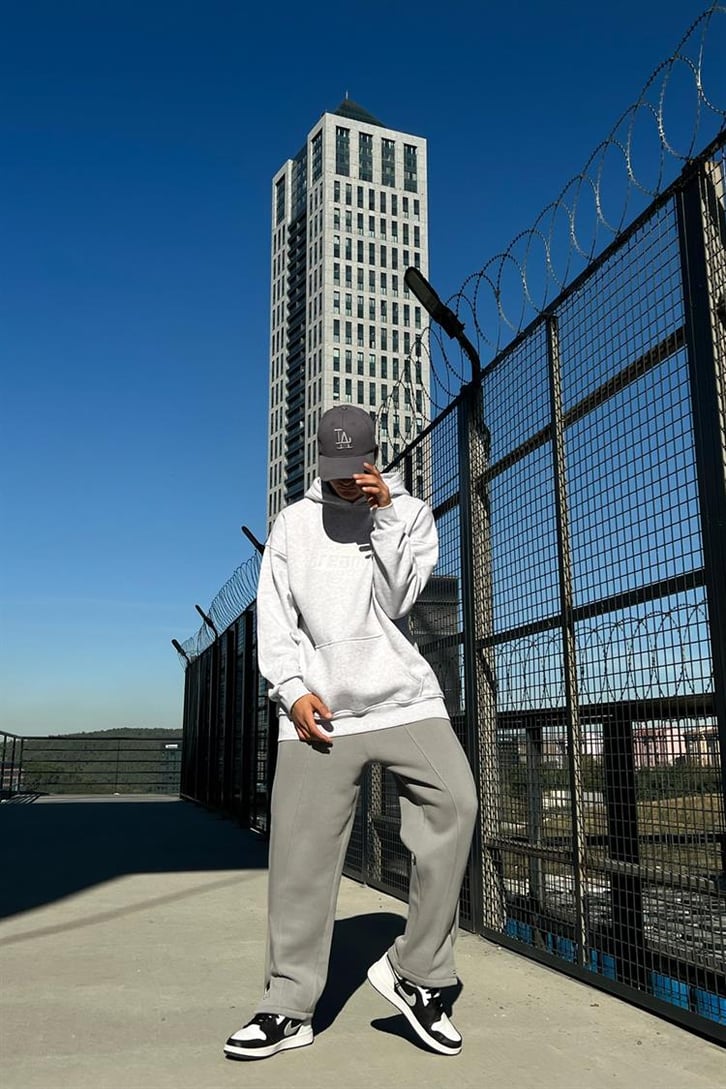 Dreamers Baskılı Gri Oversize Hoodie