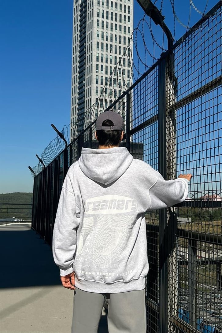 Dreamers Baskılı Gri Oversize Hoodie