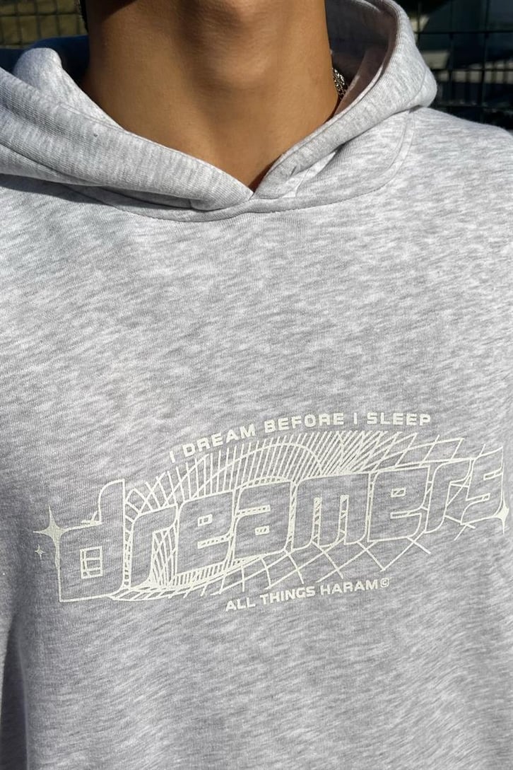 Dreamers Baskılı Gri Oversize Hoodie