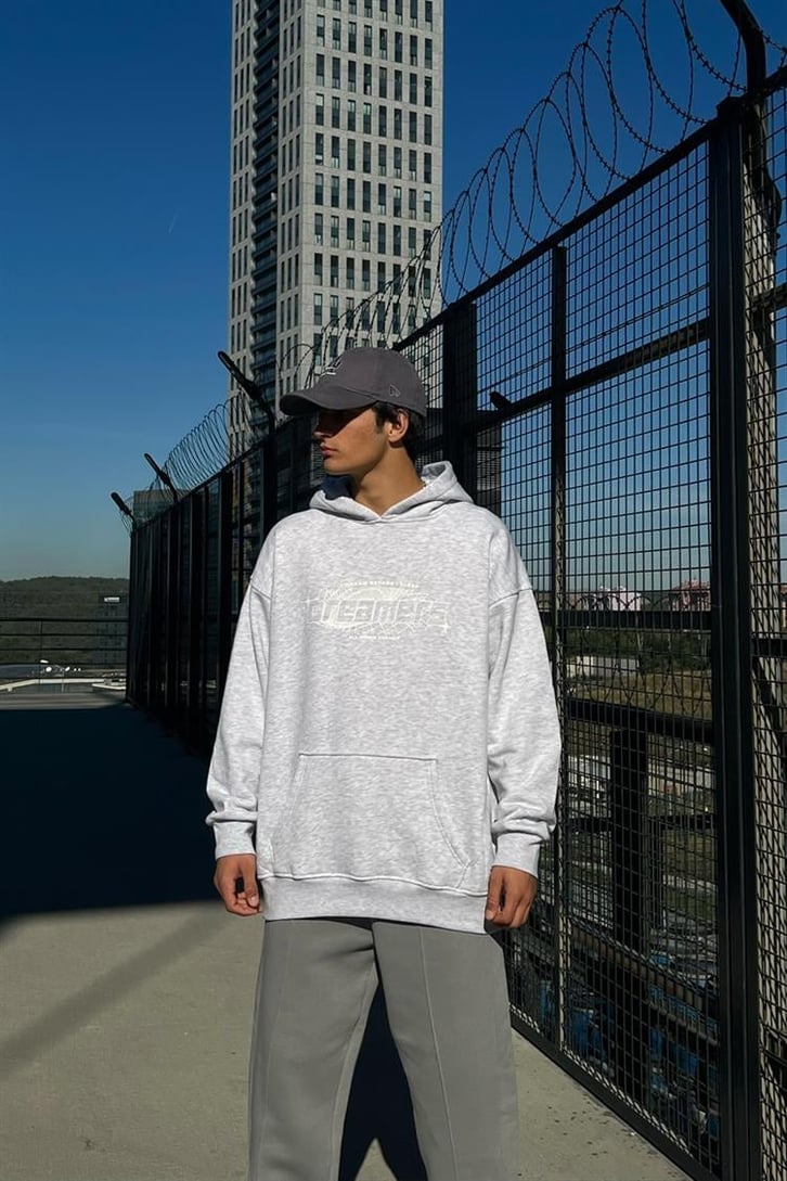 Dreamers Baskılı Gri Oversize Hoodie