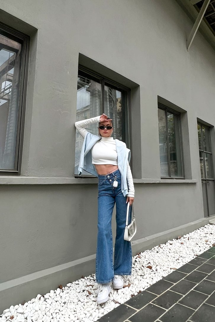 Düğme Detay Mavi Baggy Jean