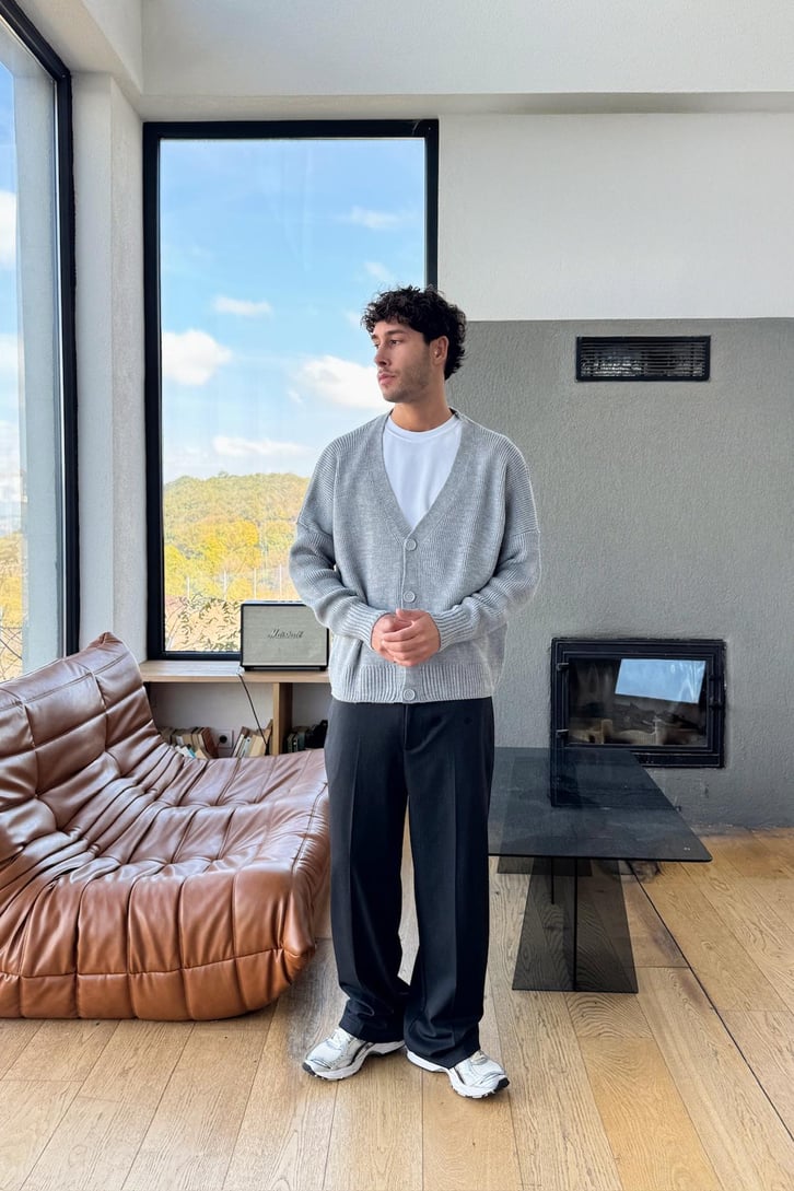 Düğme Detay Oversize Triko Hırka