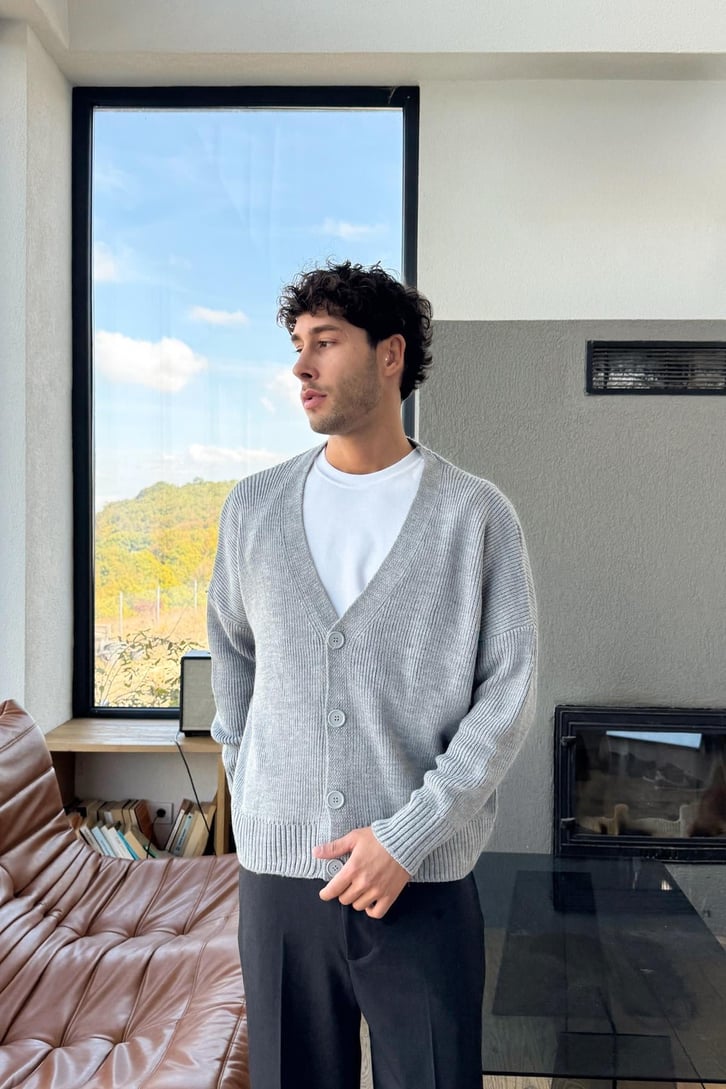 Düğme Detay Oversize Triko Hırka