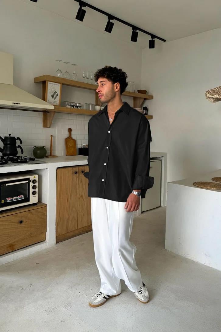 Düğme Detaylı Siyah Poplin Oversize Gömlek