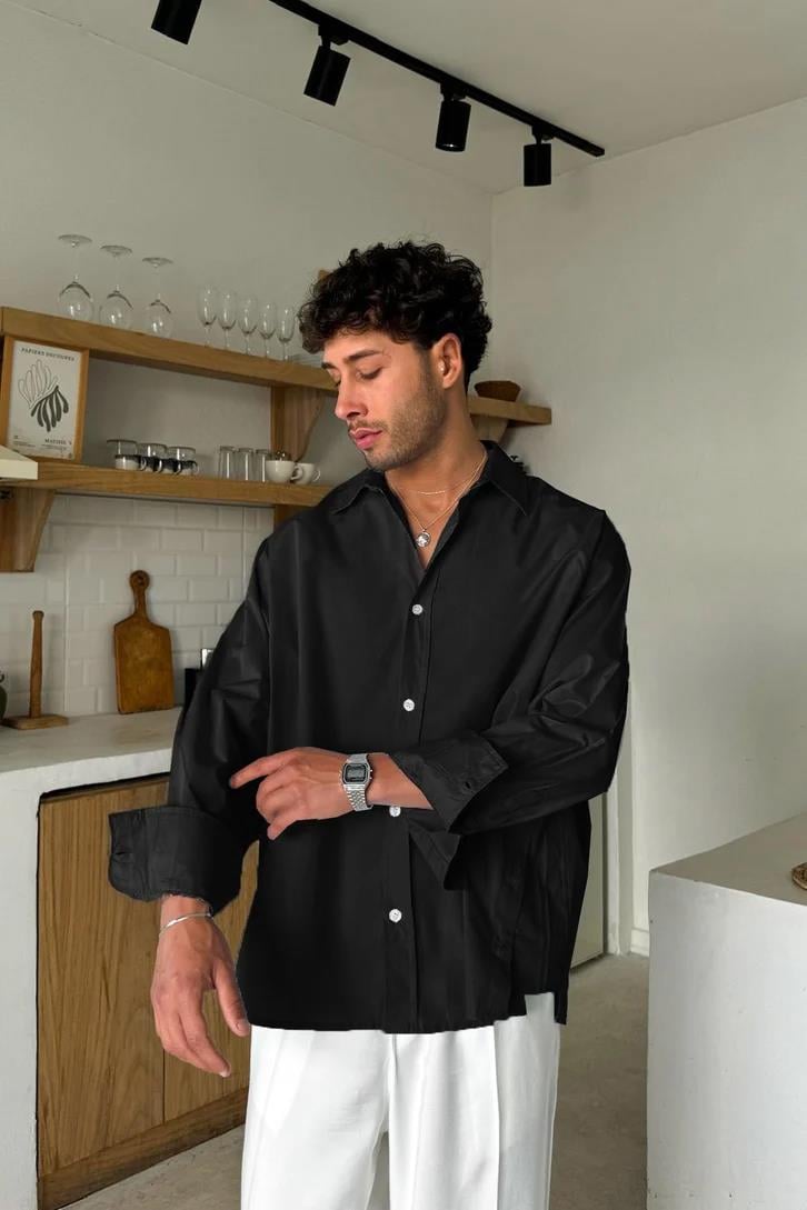 Düğme Detaylı Siyah Poplin Oversize Gömlek