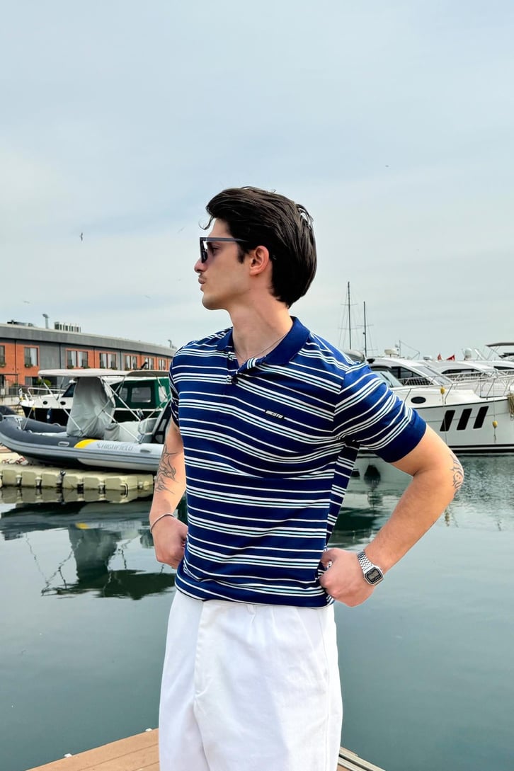 Düğmeli Polo Yaka Çizgili Tişört