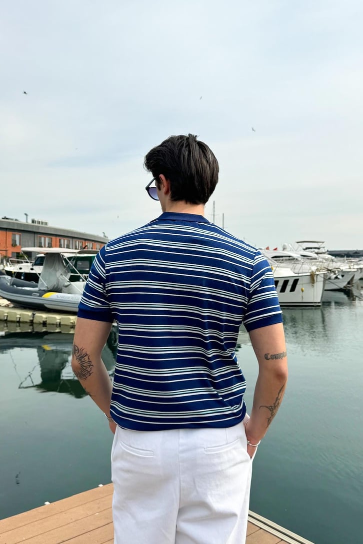 Düğmeli Polo Yaka Çizgili Tişört