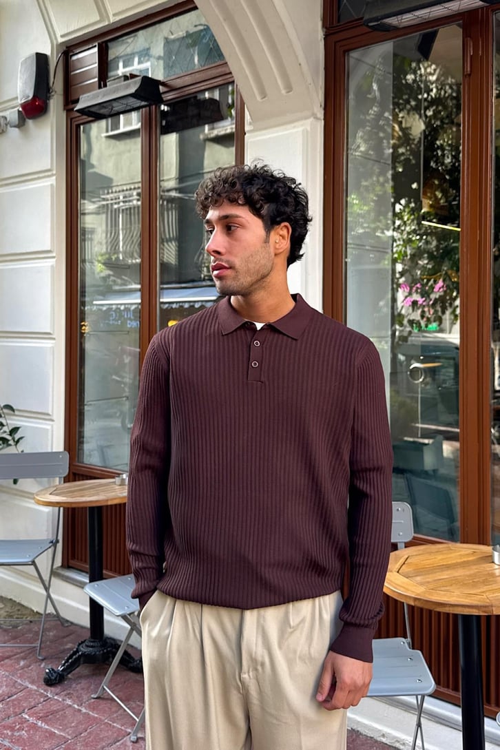 Düğmeli Polo Yaka Triko Kazak