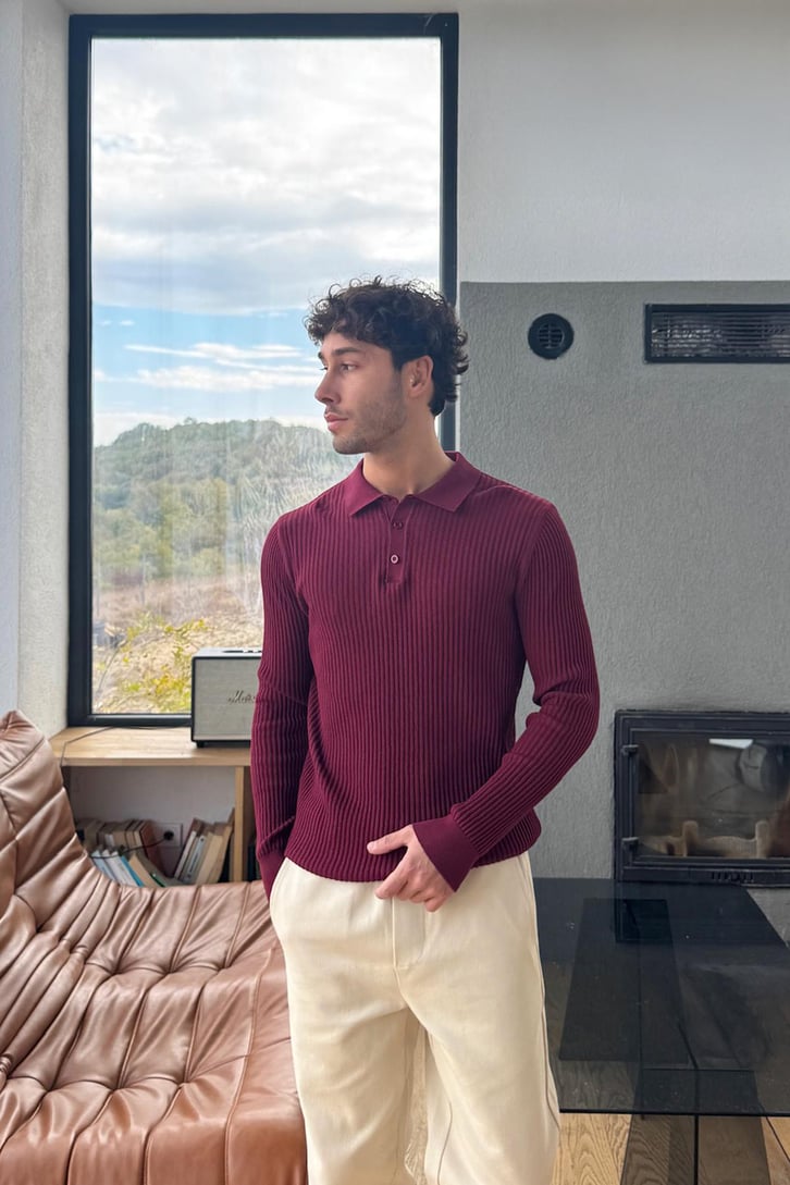 Düğmeli Polo Yaka Triko Kazak