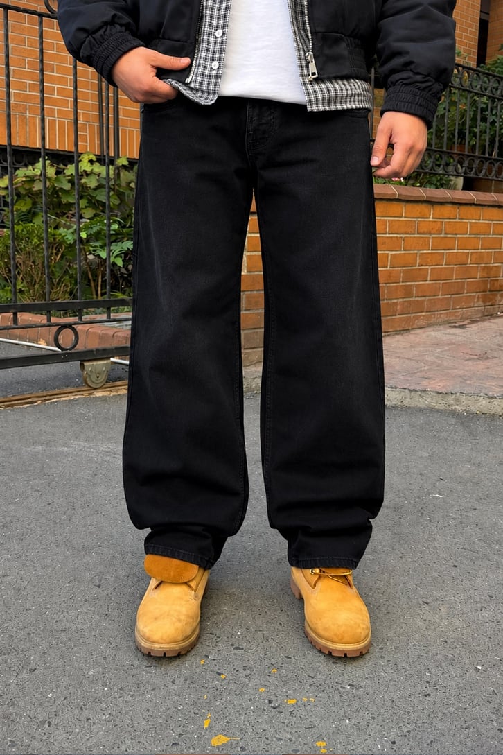 Düz Yıkamalı Baggy Fit Jean