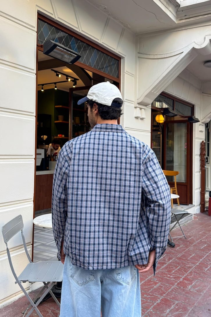 E Nakış Ekose Oversize Gömlek