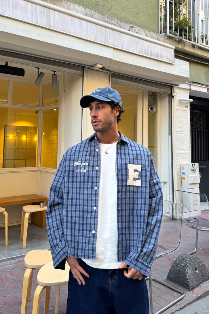 E Nakış Ekose Oversize Gömlek