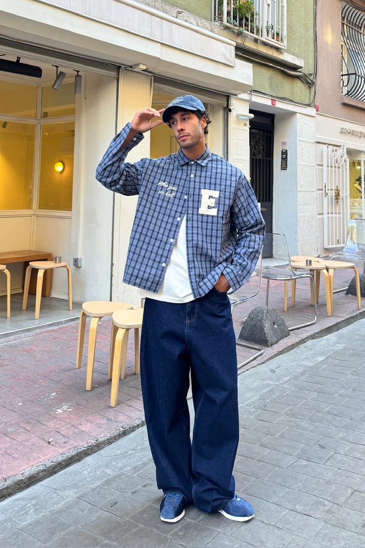 E Nakış Ekose Oversize Gömlek