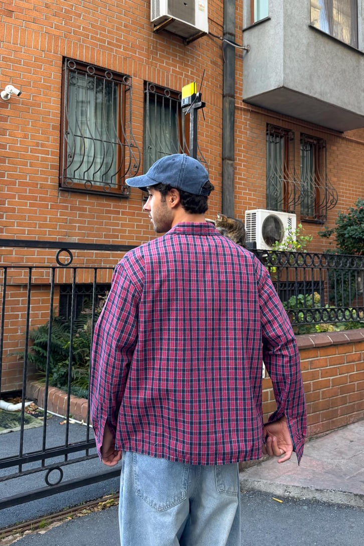E Nakış Ekose Oversize Gömlek