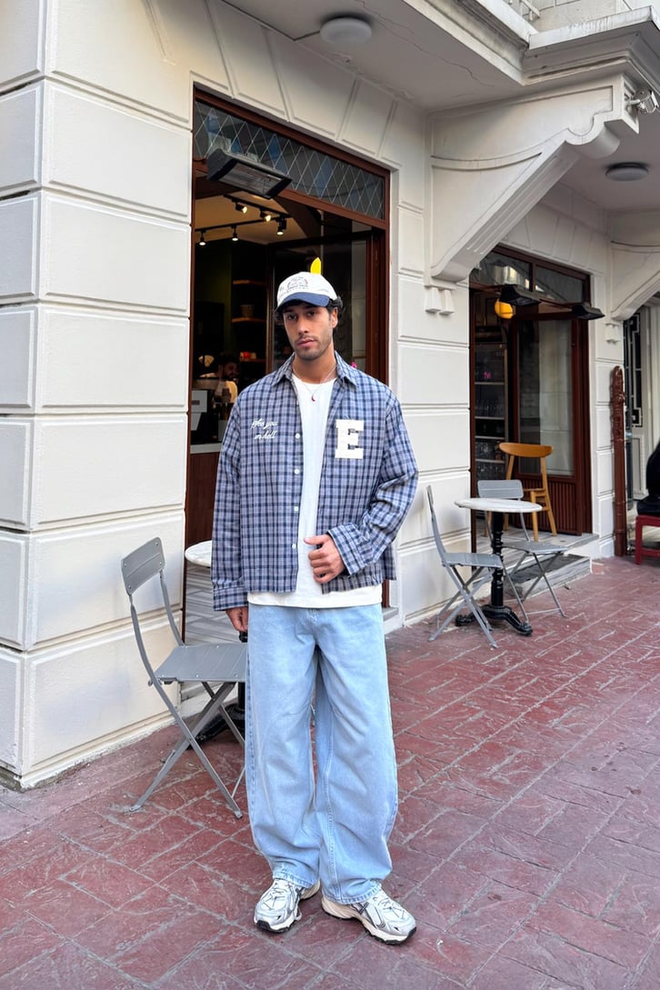 E Nakış Ekose Oversize Gömlek