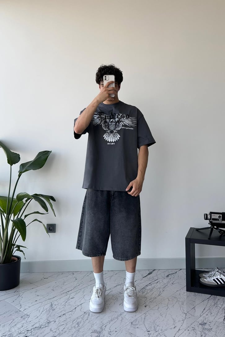 Eagle Baskılı Füme Oversize Tişört