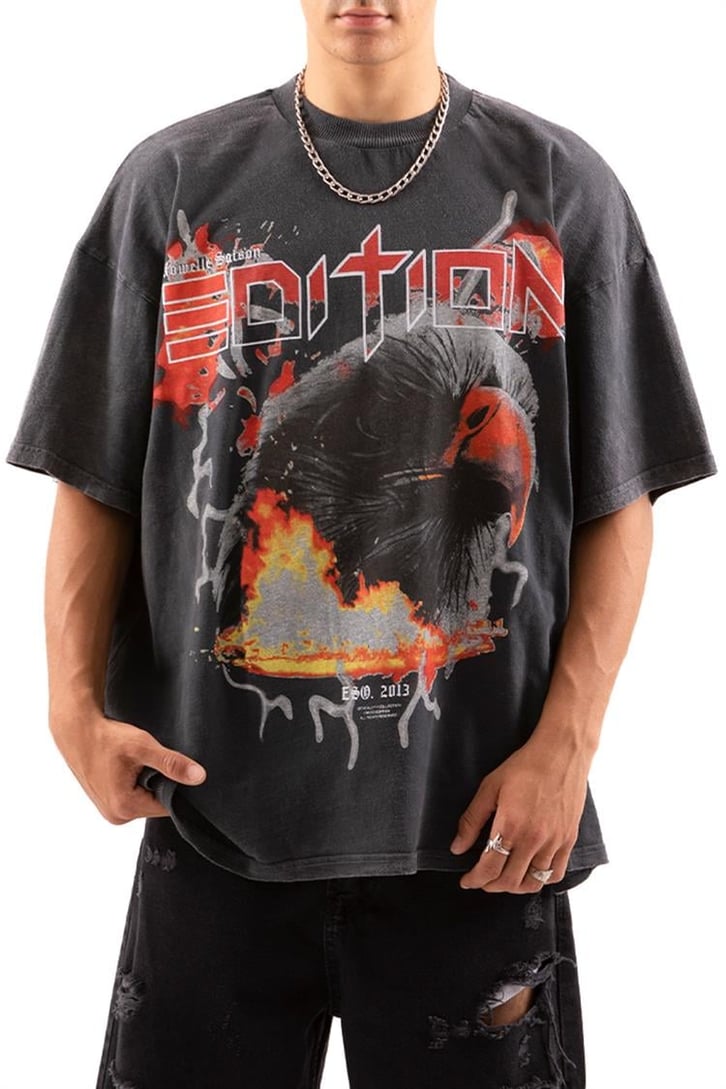 Eagle Edition Baskılı Acid Wash Oversize Tişört