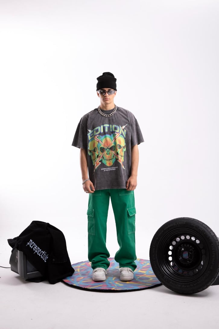 Edition X Skull Baskılı Acid Wash Oversize Tshirt