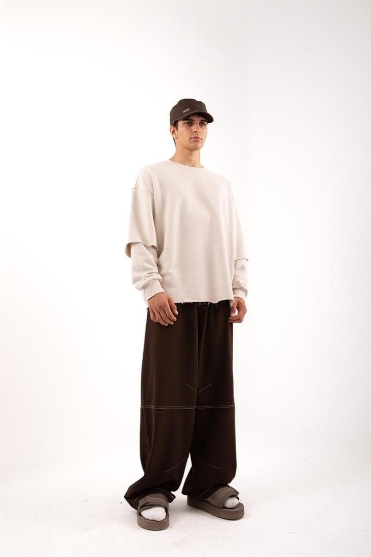 Efektif Dikiş Detaylı Skater Fit Kahverengi Kumaş Pantolon