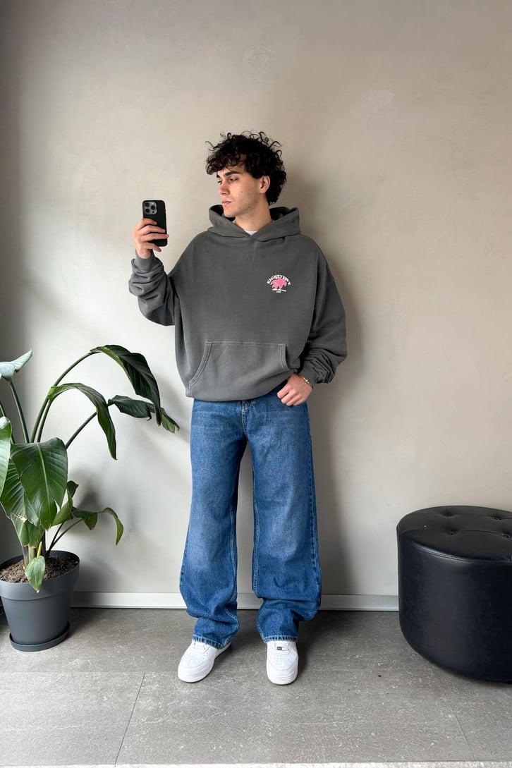 Eightyfive Baskılı Gri Oversize Hoodie