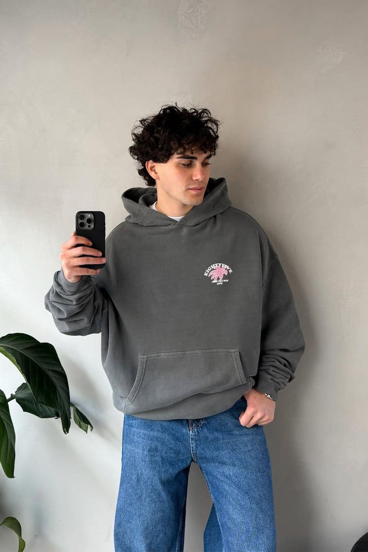 Eightyfive Baskılı Gri Oversize Hoodie