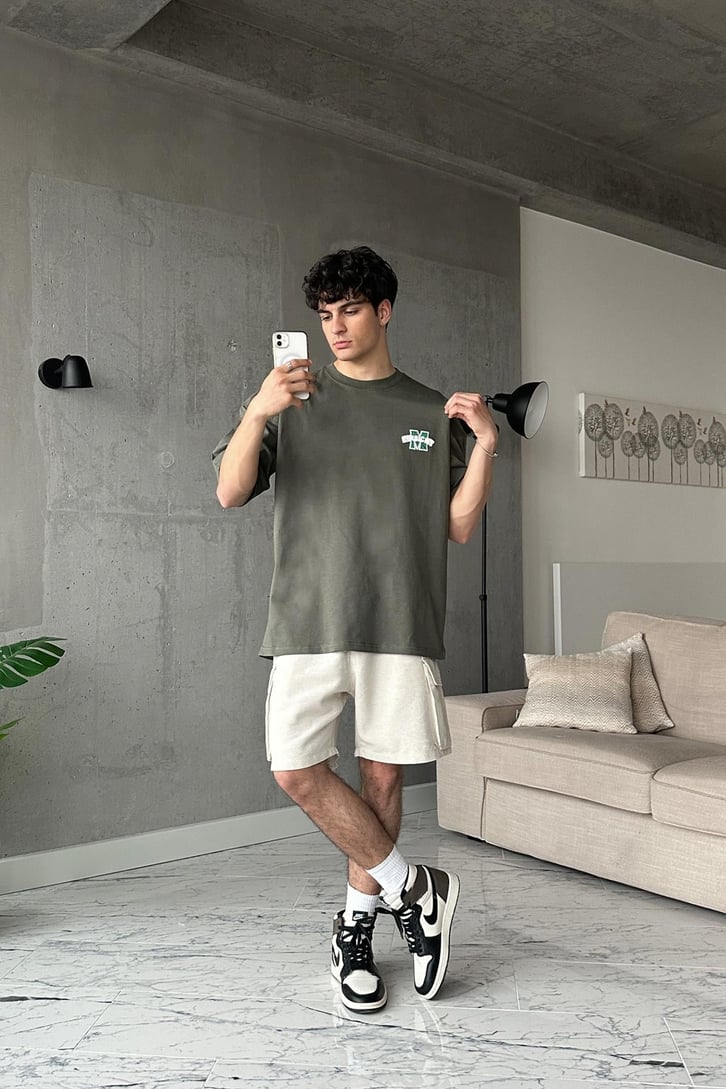Einsicht Baskılı Haki Oversize Tişört