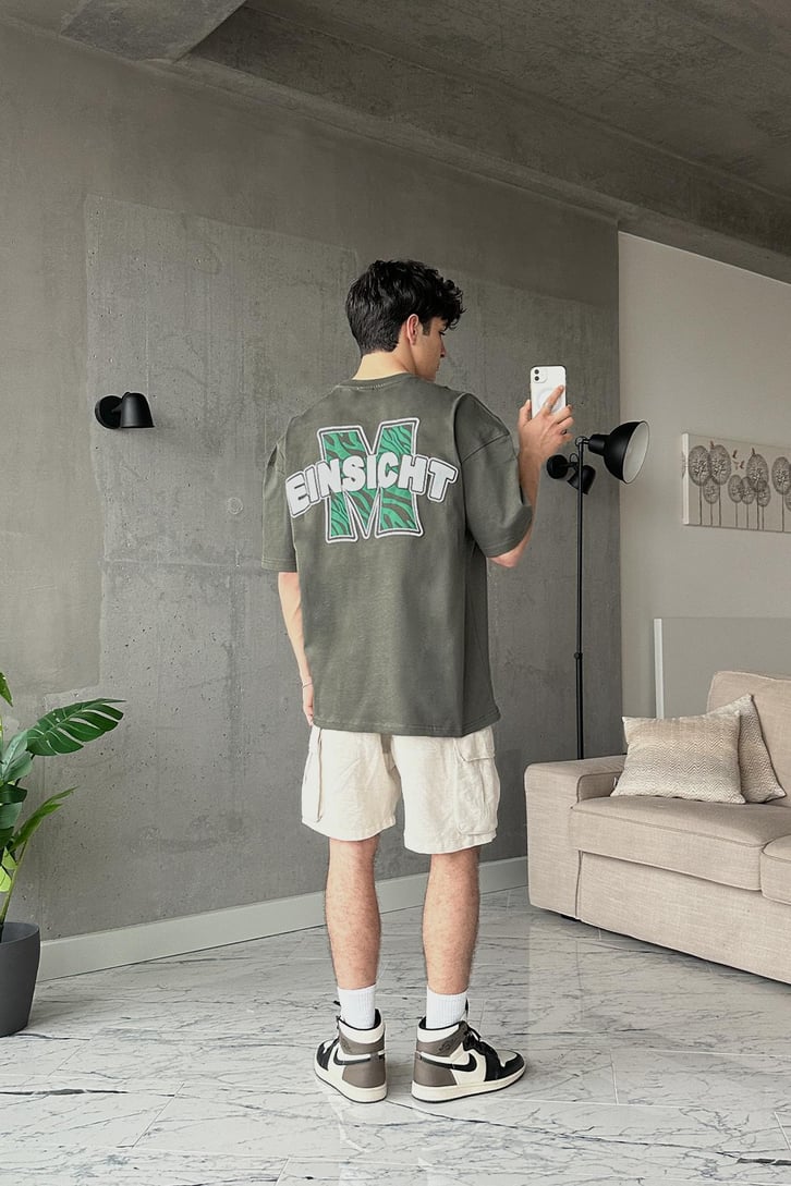 Einsicht Baskılı Haki Oversize Tişört