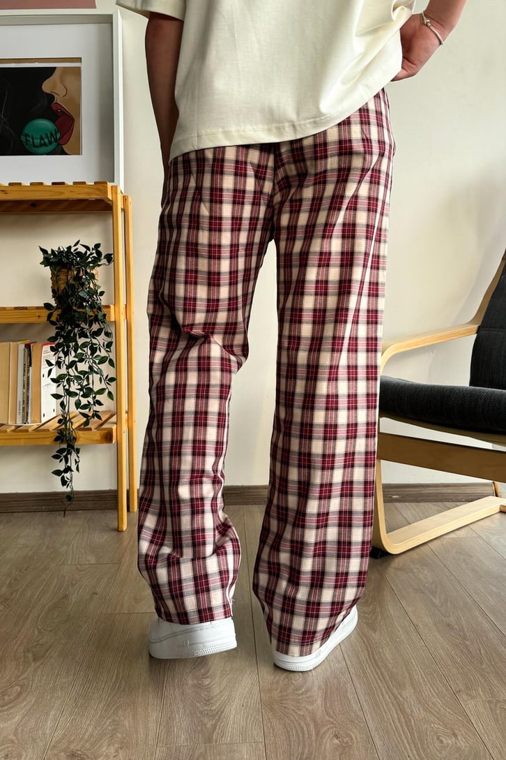 Ekose Desen Bej Kırmızı Baggy Pijama