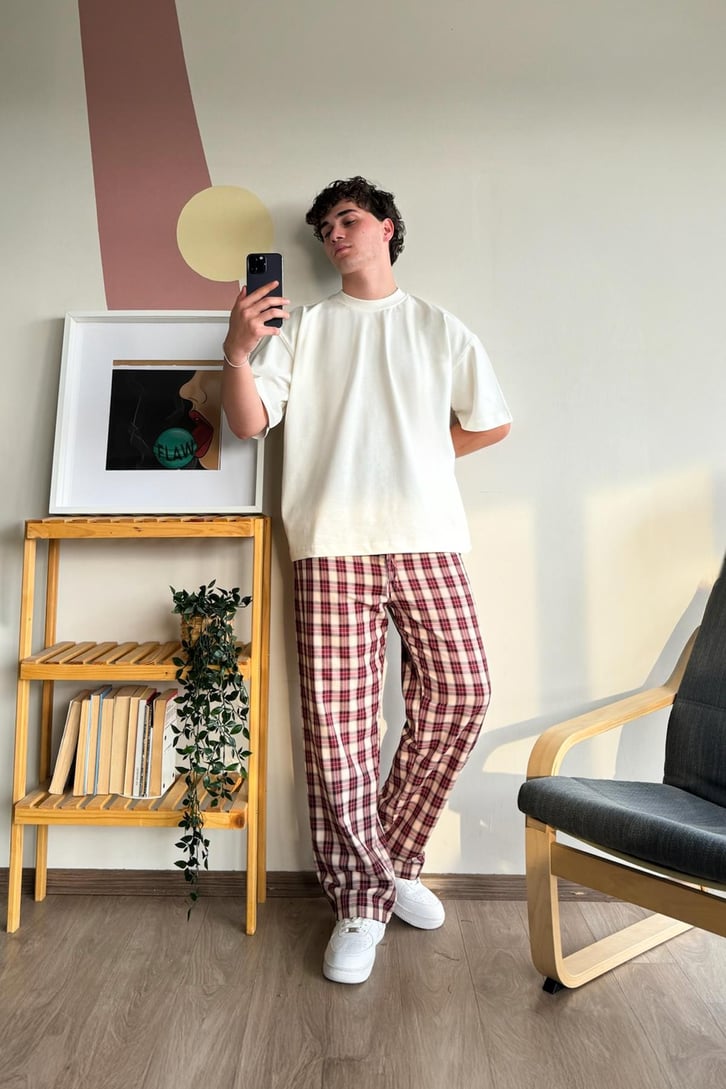 Ekose Desen Bej Kırmızı Baggy Pijama