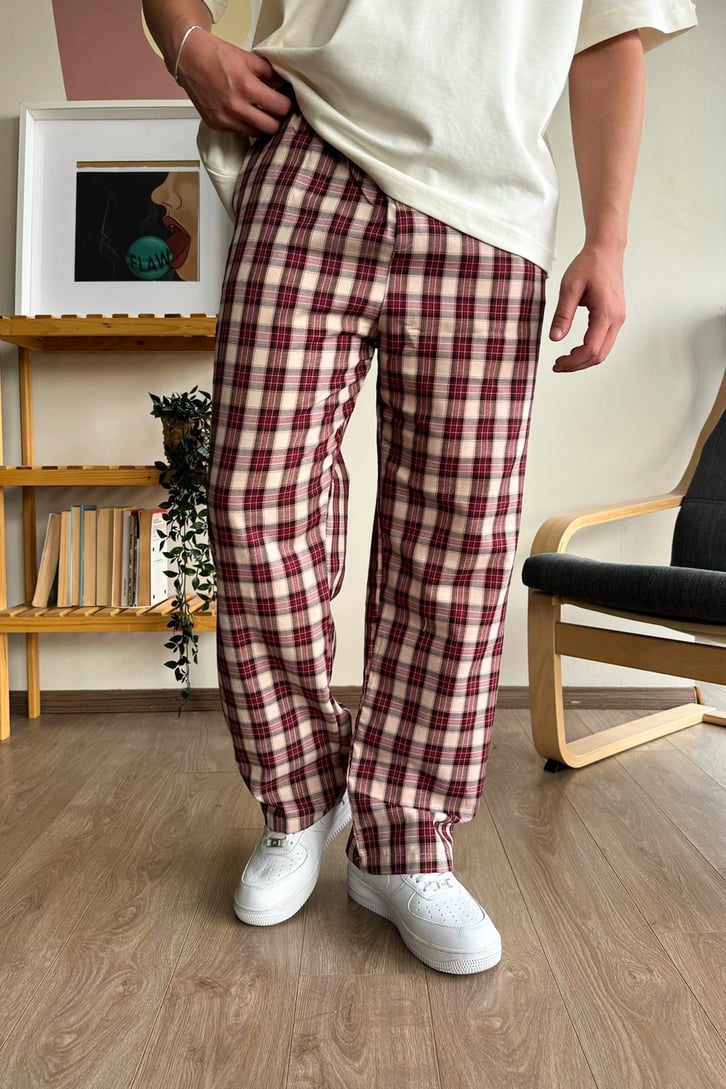 Ekose Desen Bej Kırmızı Baggy Pijama