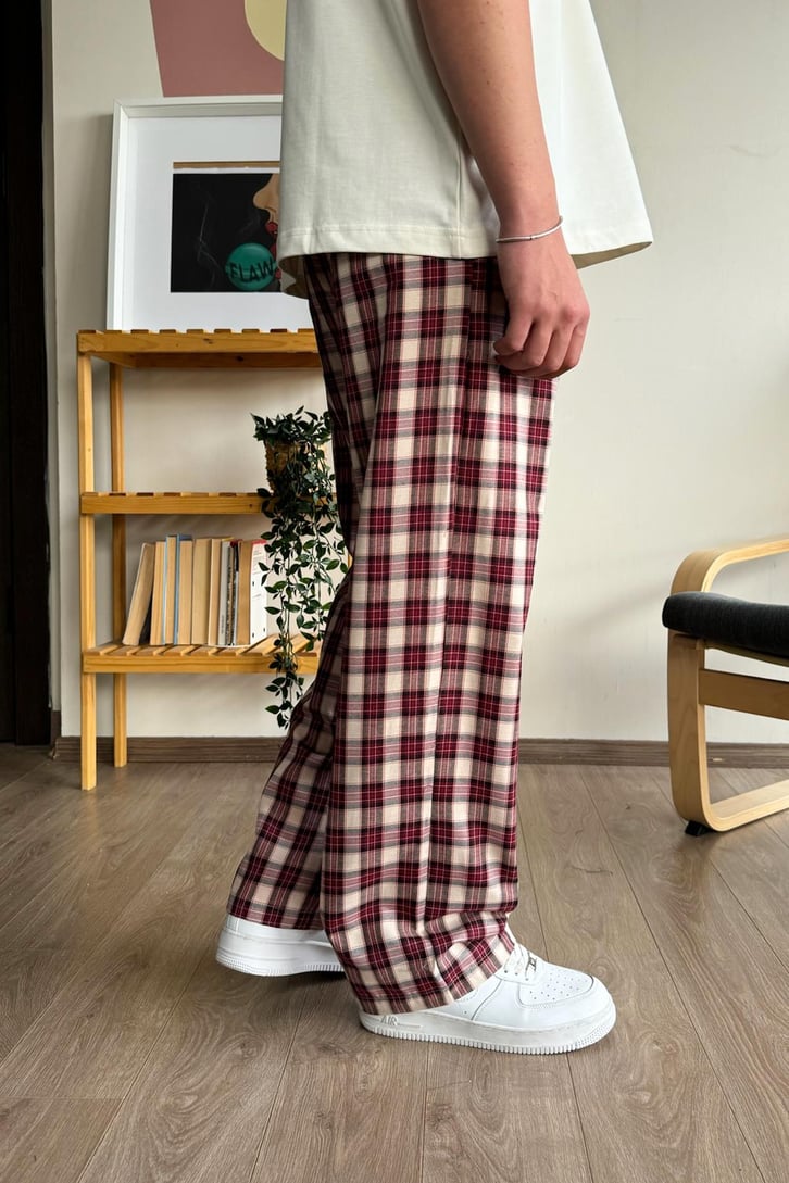 Ekose Desen Bej Kırmızı Baggy Pijama