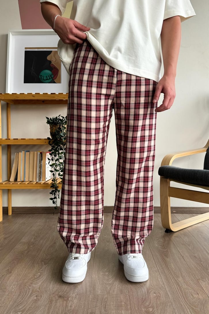 Ekose Desen Bej Kırmızı Baggy Pijama