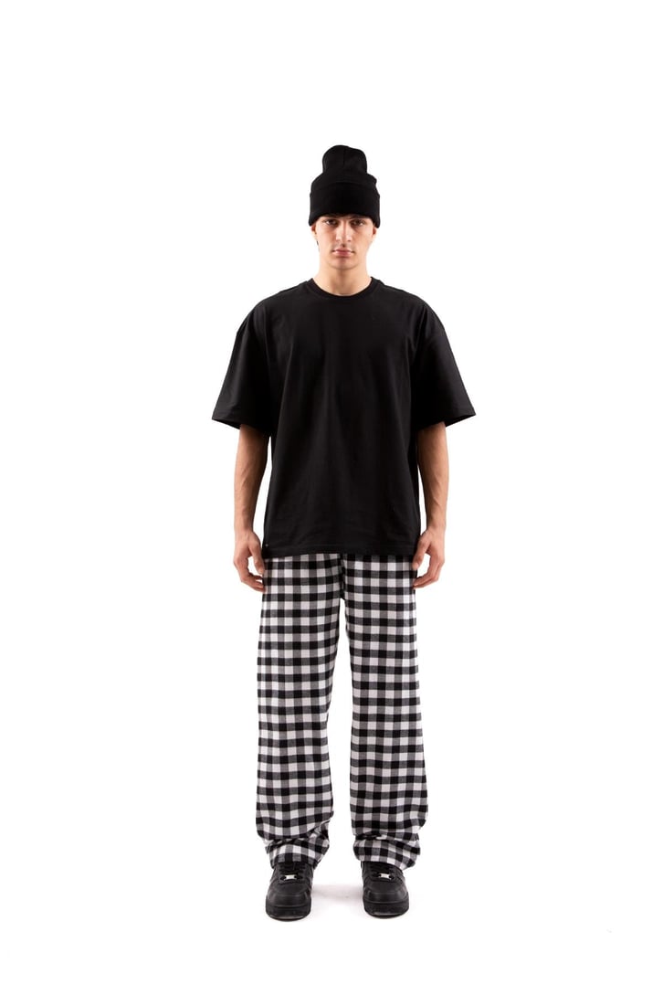 Ekose Desen Bel Lastikli Siyah Pijama