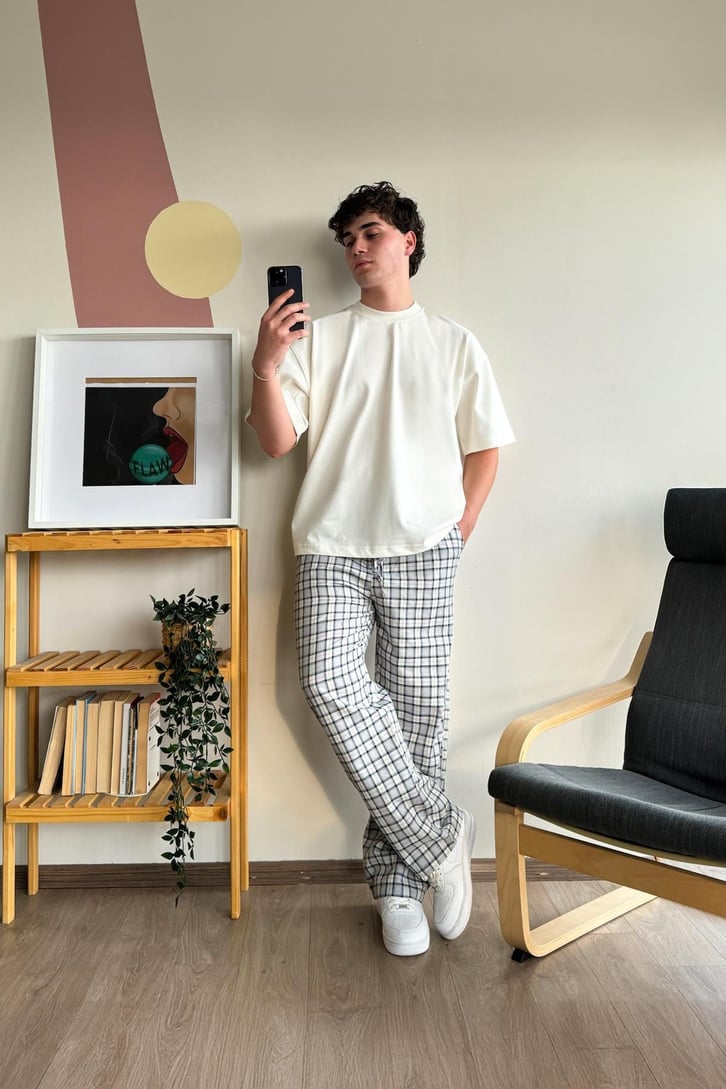 Ekose Desen Gri Baggy Pijama