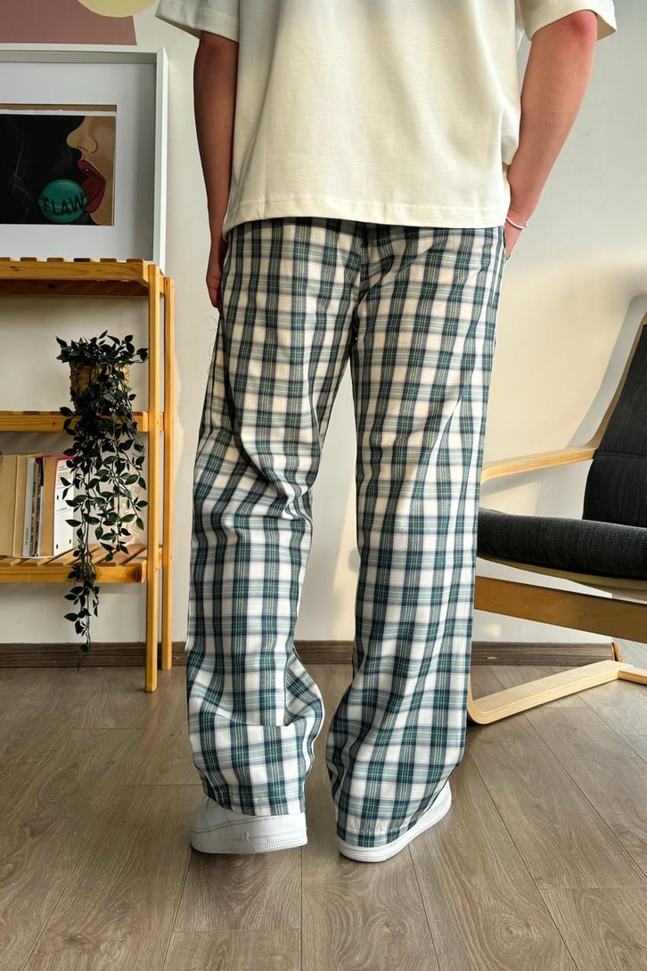 Ekose Desen Yeşil Bej Baggy Pijama