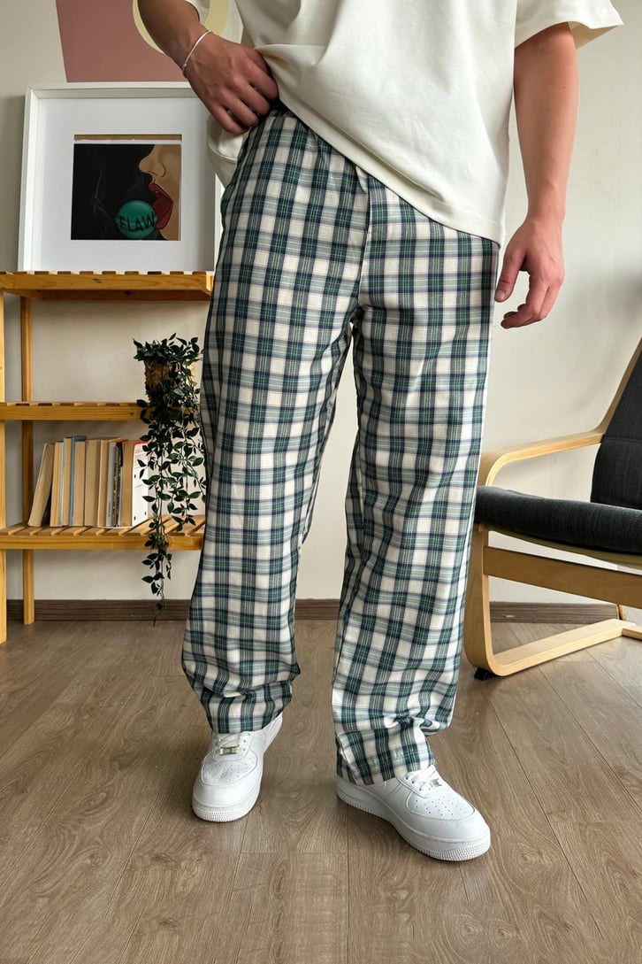 Ekose Desen Yeşil Bej Baggy Pijama