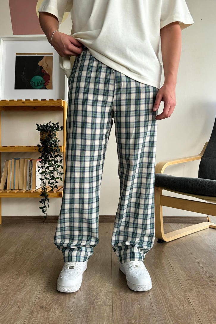 Ekose Desen Yeşil Bej Baggy Pijama