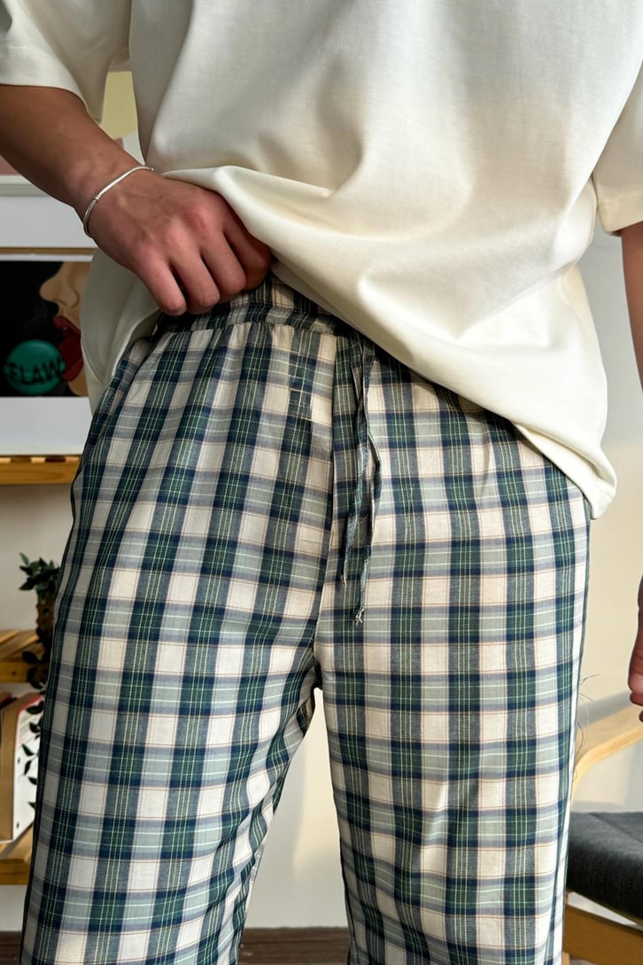 Ekose Desen Yeşil Bej Baggy Pijama