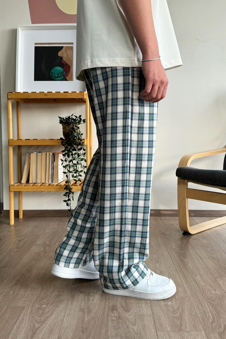 Ekose Desen Yeşil Bej Baggy Pijama