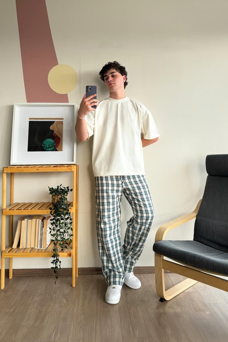 Ekose Desen Yeşil Bej Baggy Pijama