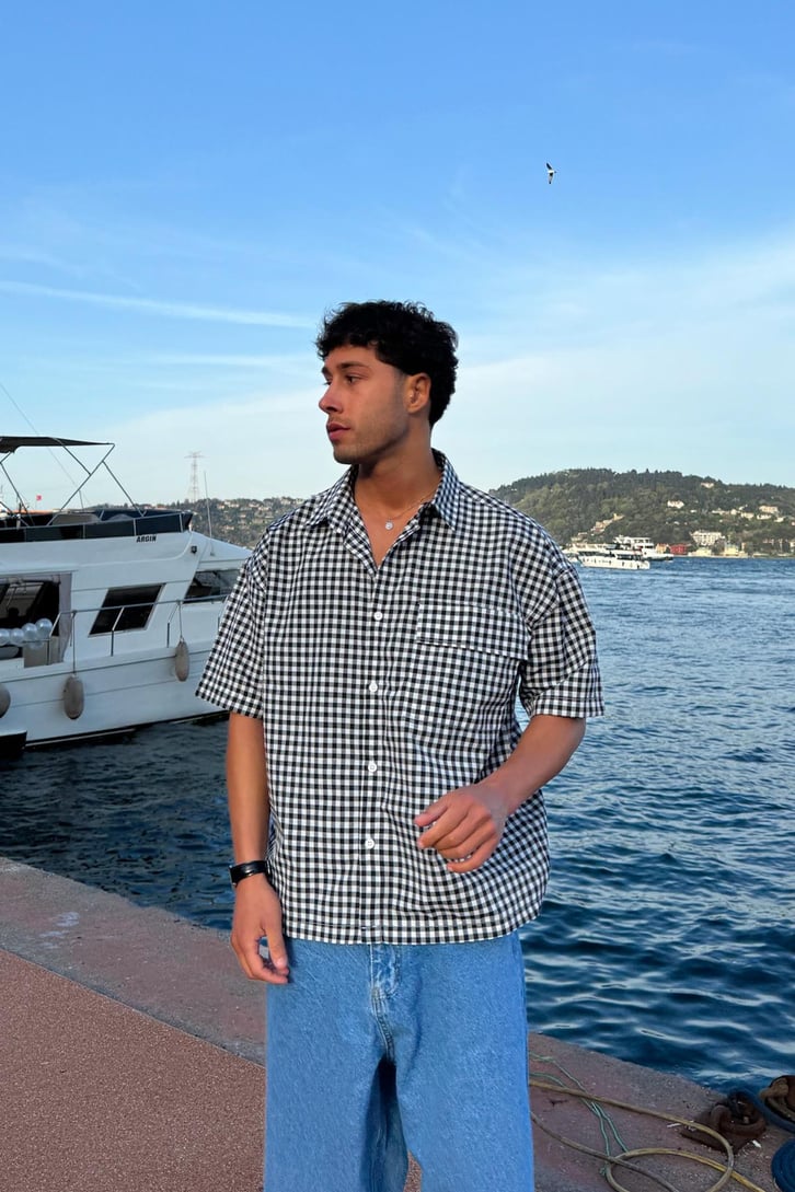 Ekose Oversize Kısa Kol Gömlek