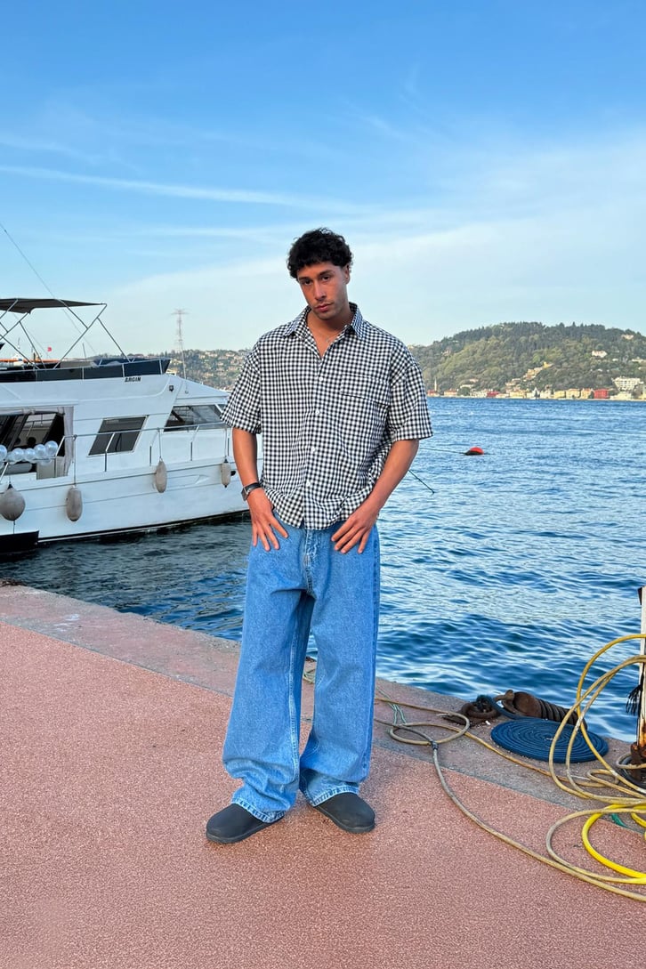 Ekose Oversize Siyah Kısa Kol Gömlek